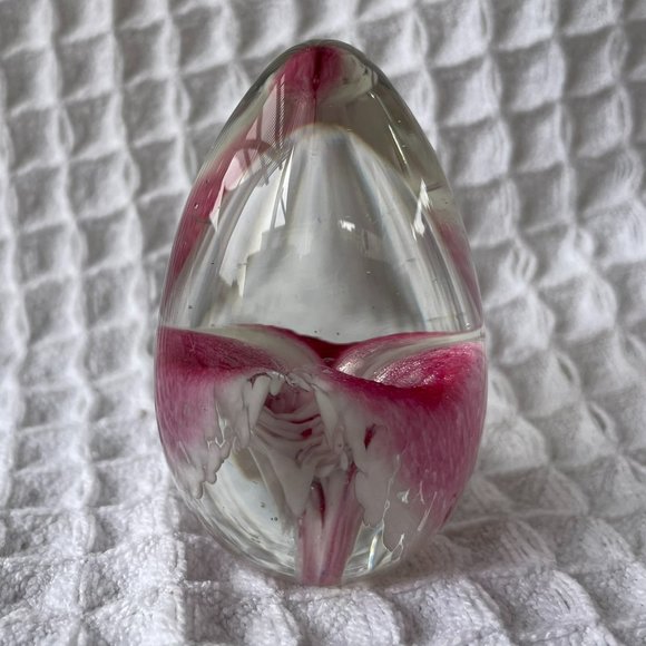 Art Glass Handblown Vintage Signed MSH '89 Pink Flower Egg Paperweight - Picture 1 of 5